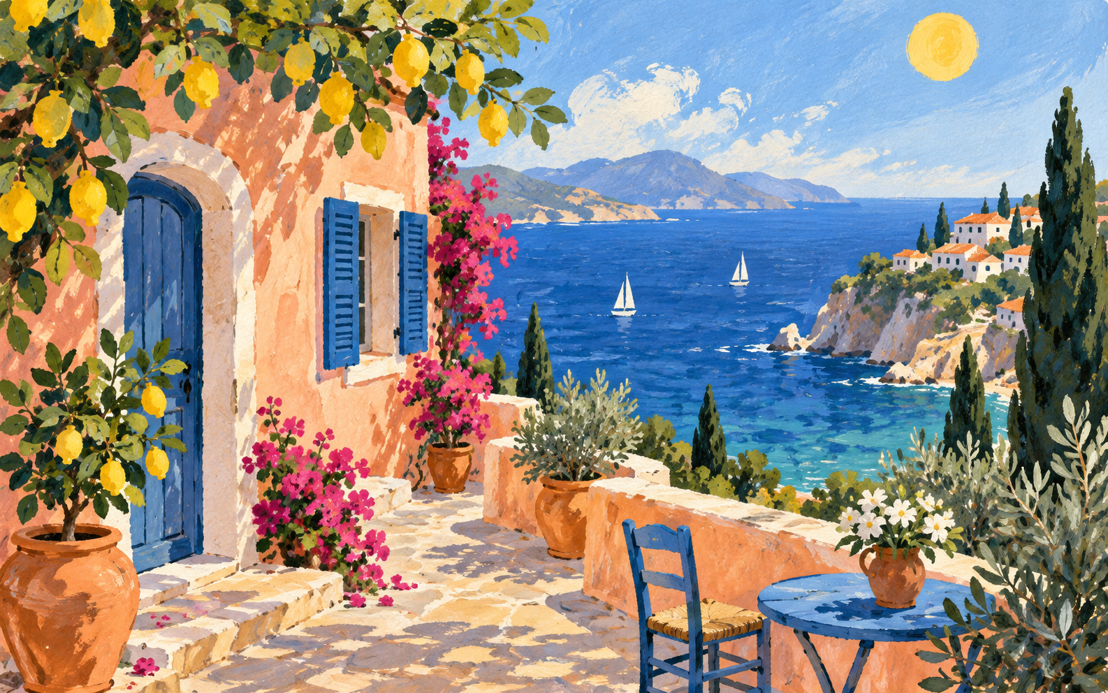 A colorful coastal painting